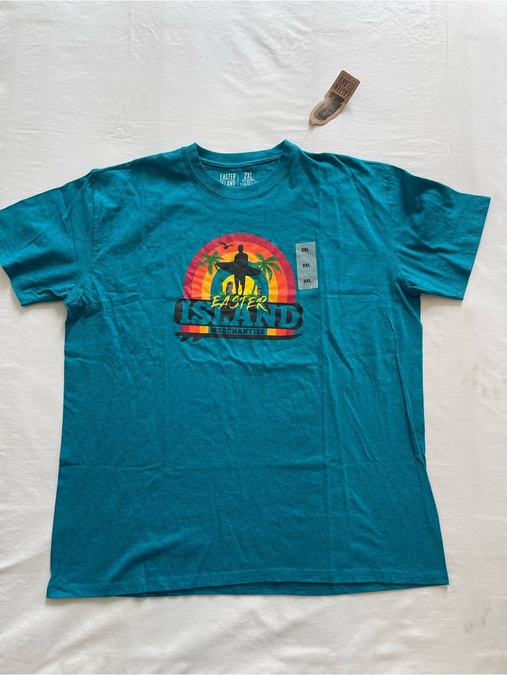 Easter Island Mercantile Mens 2XL Teal Graphic T-Shirt NWT Surfer Sunset Moai